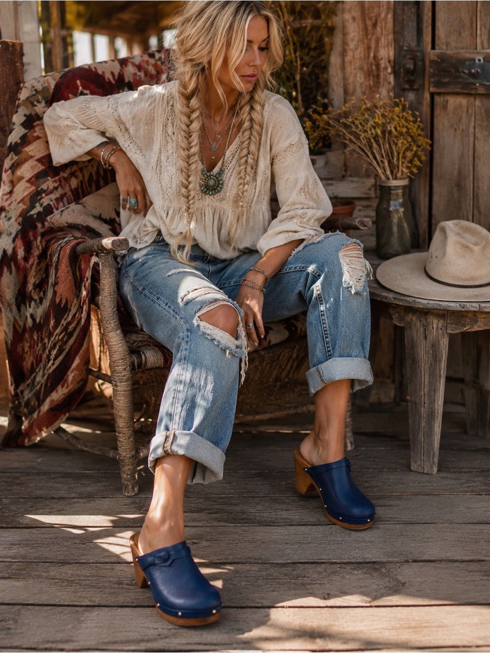NWOB SILVIA COBOS Daily Bow Wood Platform Clogs In Navy